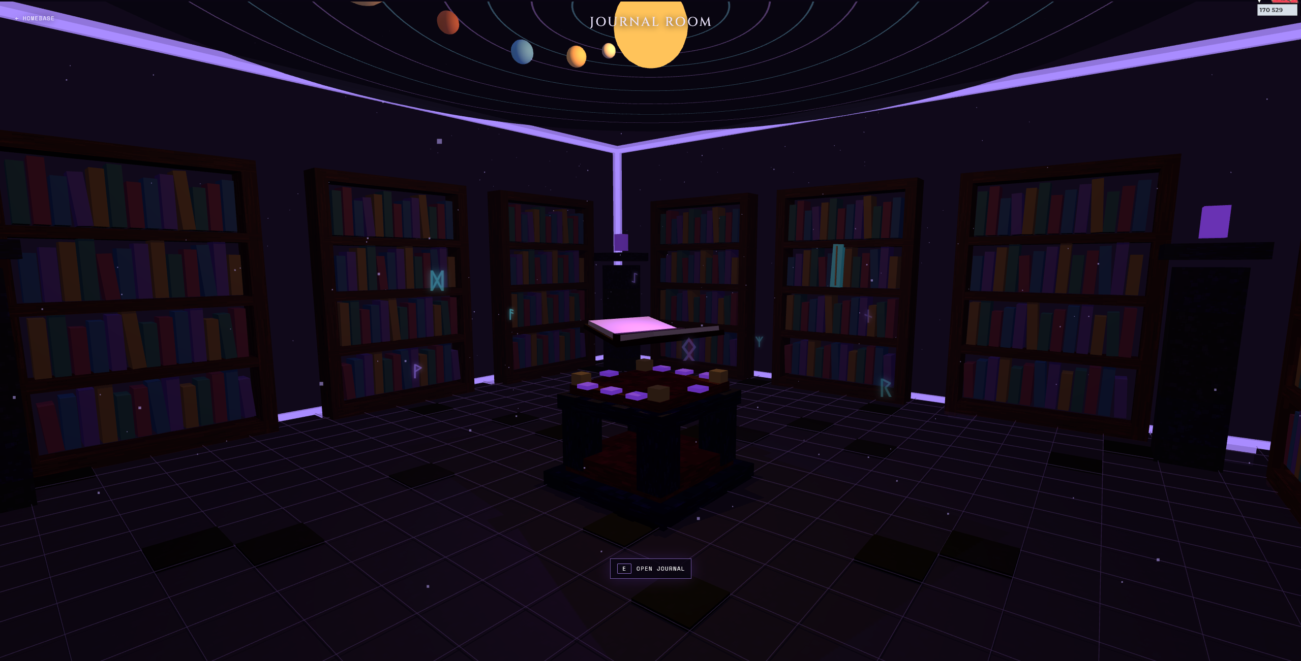 The interactive voxel Journal Room with bookshelves, an enchantment table, glowing runes, and a model solar system across the ceiling